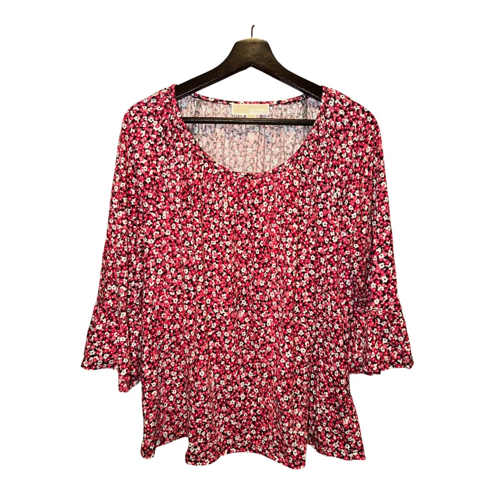 Michael Kors Floral Top Womens L Red Pink Bell Sleeve Cotton Modal Cottagecore